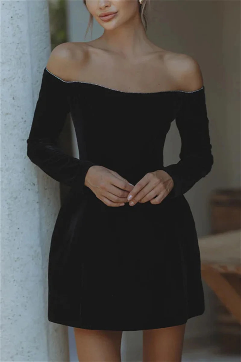 Aiertu  -  Elegant Black Velvet Rhinestone Off Shoulder Mini Dress For Women Long Sleeve High Waist A-line Party Club Dresses Aiertu