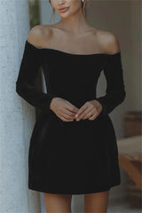 Aiertu  -  Elegant Black Velvet Rhinestone Off Shoulder Mini Dress For Women Long Sleeve High Waist A-line Party Club Dresses Aiertu