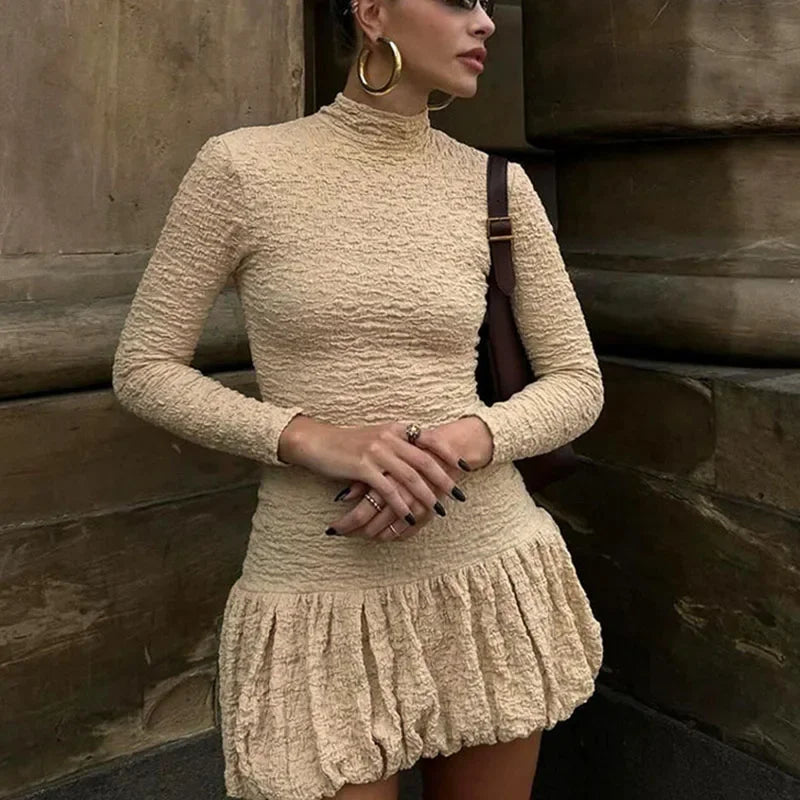 Aiertu  -  Slim Textured Bud Mini Dress Female Fashion Half High Collar Long Sleeve Splice Folds Dresses Women's Club Party Outfits Aiertu