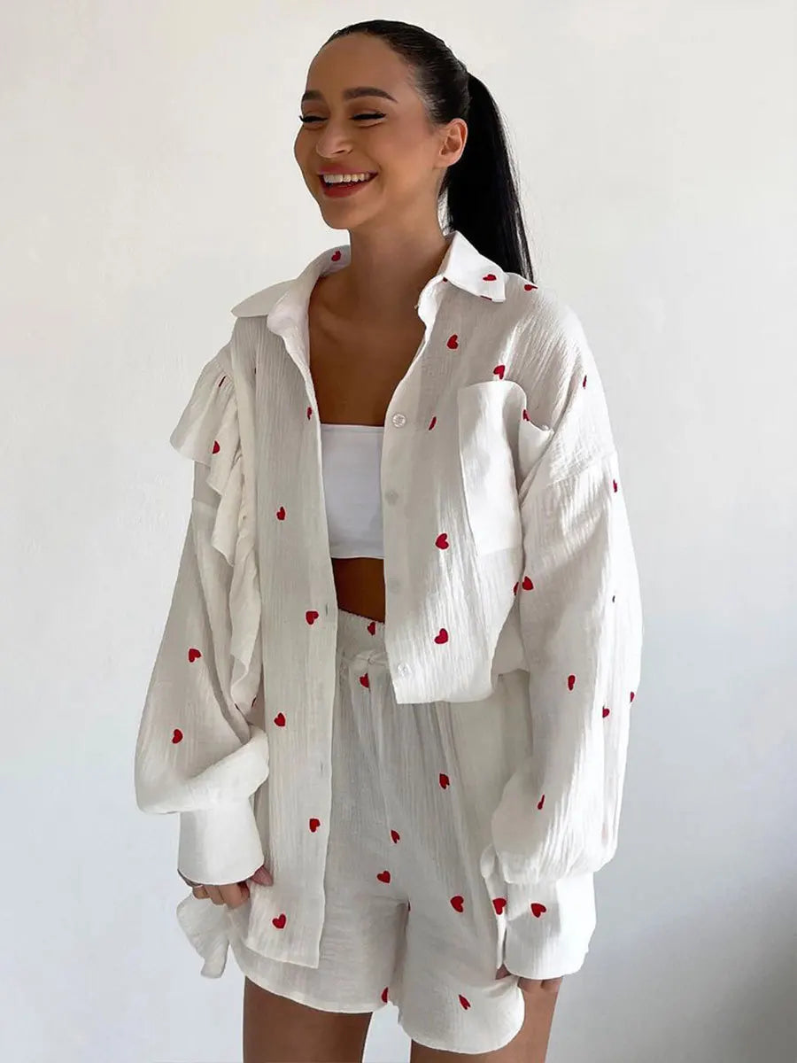Aiertu  -  Women Spring Summer 100% Cotton Shorts Suit Office Lady Long Sleeve Loose Shirt + Shorts 2 Piece Sets Womens Outfits Aiertu