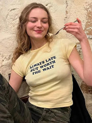 Aiertu  -  Y2K Light Yellow T-shirts for Women 2026 Summer O-neck Short Sleeve Letter Print Slim T Shirt Streetwear Girls Tees Crop Tops Aiertu
