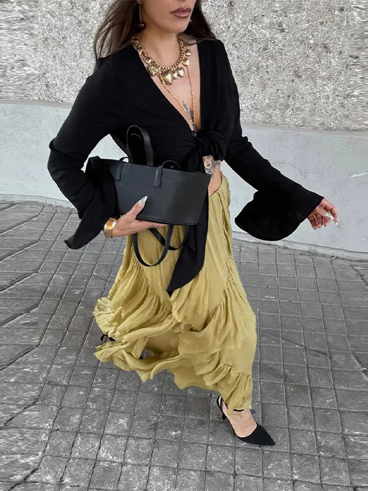 Aiertu  -  Irregular Multi-layer Ruffles Skirt Women Ribbon Pleated Elegant High Waist A-line Skirts 2025 Summer New Street Fold Lady Robe Aiertu