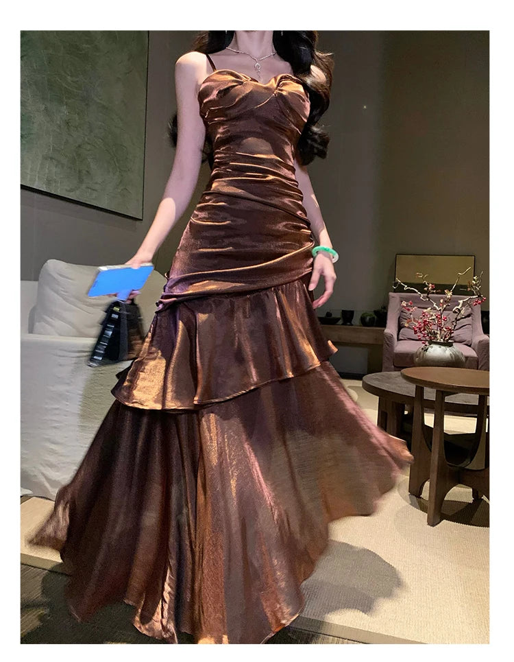 Aiertu  Vintage Long Dress Women Party Prom Sexy Spaghetti Strap Maxi Dresses Elegant Ruffles Robe Summer Korean Bodycon Vestidos Aiertu