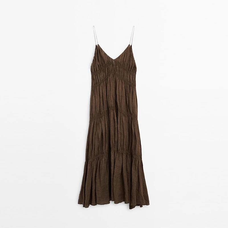 Aiertu  -  Pleated Halter Maxi Dress Women Large Skirt Hem Suspender Sexy Slimming Loose Camisole Robes Vacation Women Maxi Beach Dresses Aiertu
