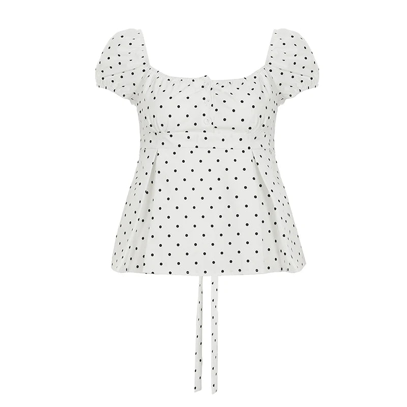 Aiertu  -  Simple Polka Dot Print Square Neck Women T-Shirts Slim Fit Ruffles Fashion Sweet Casual Design Blouses Aiertu