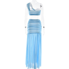 Aiertu  -  Sexy Mesh Patchwork Double-layer Pleated Women Suit Irregular Top Half Body Long Skirt Two-piece Set Party Beach Holiday Aiertu