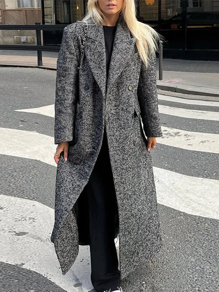 Aiertu  -  Elegant Woolen Solid Women Windbreak Full Sleeve Double Breasted Female Maxi Coat 2026 Autumn Winter Lapel Loose Lady Overcoat Aiertu