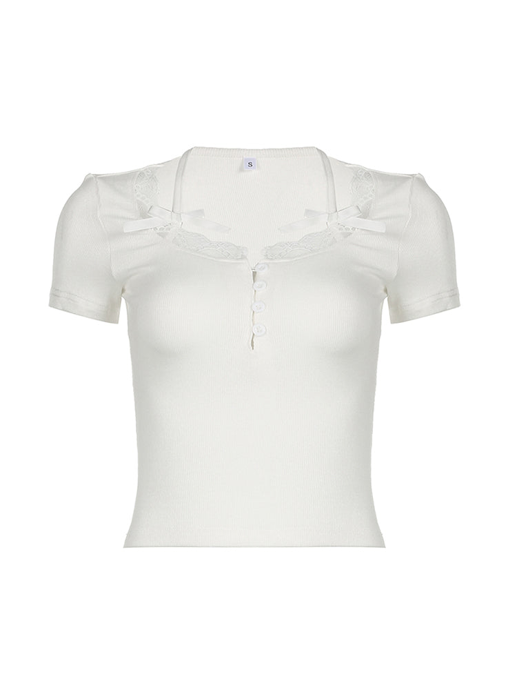 Aiertu - summer inspo Halter Neck Lace Trim Bow Cute Black Y2K T-Shirt Women Button Up Slim Short Sleeve White Tees Sweet Balletcore Clothing Aiertu