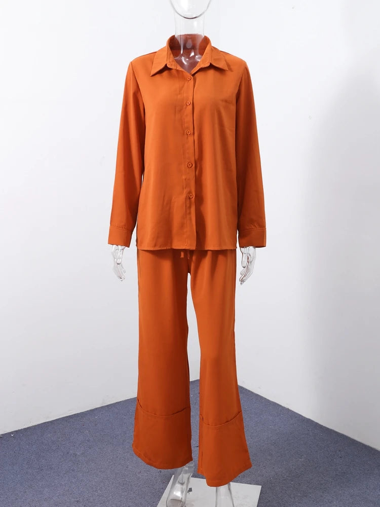 Aiertu  -  Elegant Orange Long Pants Sets For Women Casual Single Breasted Lapel Loose Shirts Wide Leg Straight Trousers Lady 2 Pieces Suit Aiertu