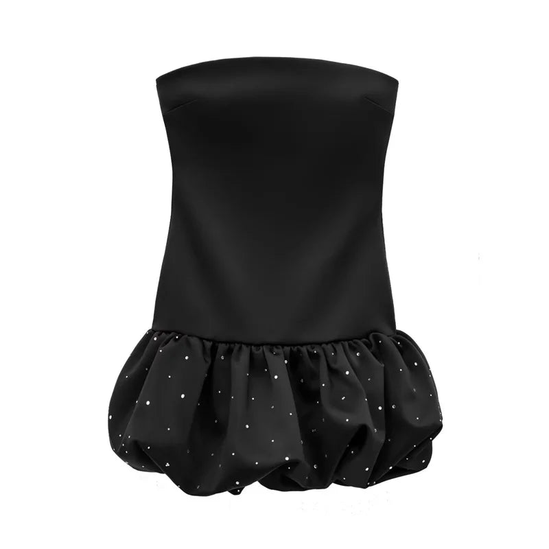Aiertu  -  Fashion Satin Black Ruffled Hem Diamond Strapless Mini Dress For Women Summer Sleeveless Back Zipper  Party Club Evening Vestido Aiertu