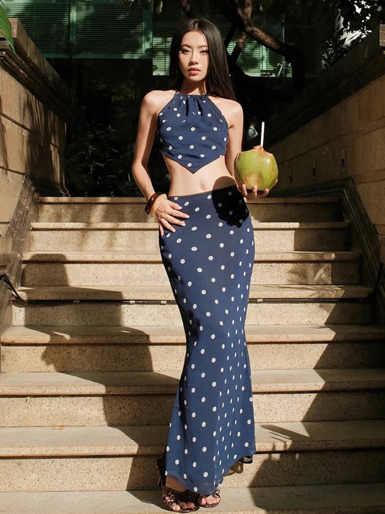 Aiertu  -  Sexy Polka Dot Print 2-Piece Set Women Halter Bandage Halter Backless Sleeveless Mini Tops+Straight Skirt Matching Suit Aiertu
