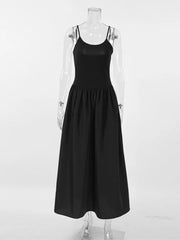 Aiertu  -  Black Elegant Suspender Long Dress Women Summer U Collar Sleeveless A-line Vestidos Vintage Fashion Simple Backless Midi Dresses Aiertu