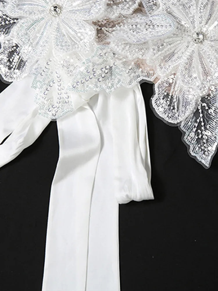 Aiertu  -  Floral Sequin Top Vest Split Half Skirt Two Piece Set Lace Up Backless Slanted Shoulder Women Sexy Blouse Solid Color Skirts Aiertu