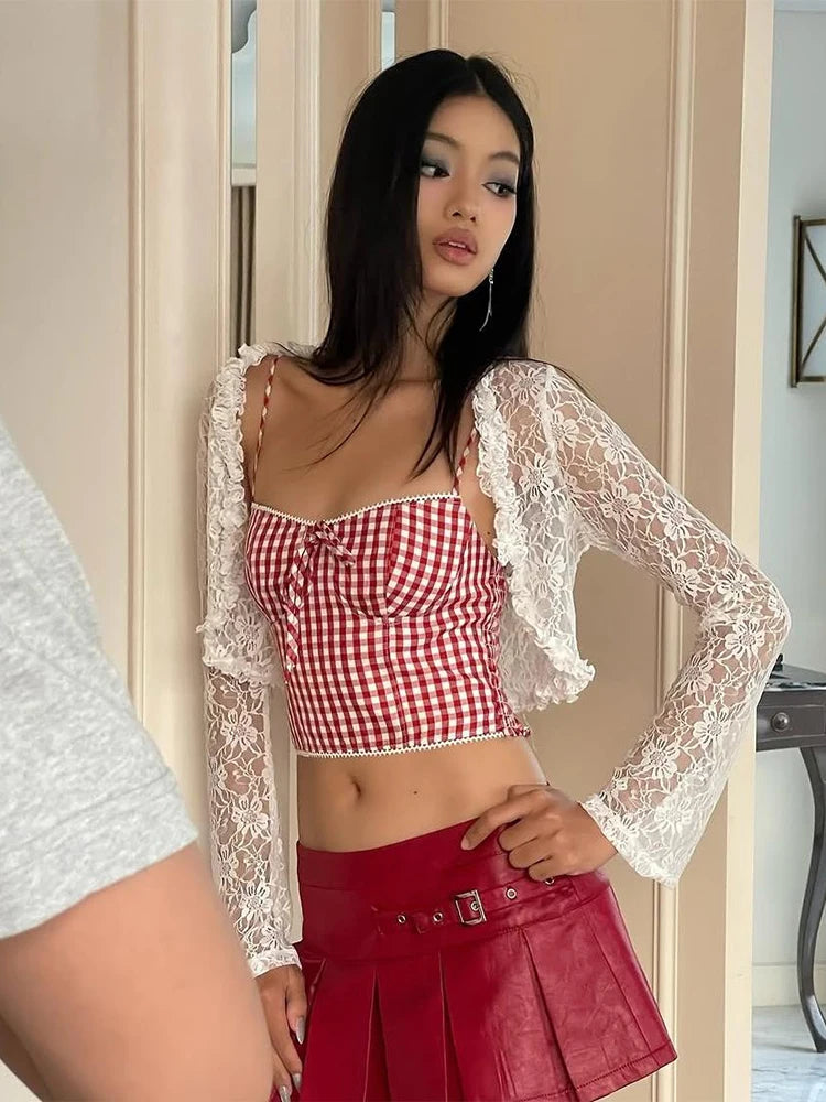 Aiertu  -  Hottie Plaid Print Camisole Irregular Edges Bow Midnight Street Sweet Versatile Skinny 2025 Summer Trend Daliy Mini Tops Aiertu