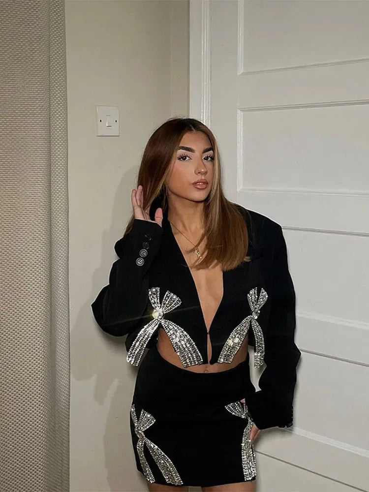 Aiertu  -  Women Diamonds Bow Cropped Long Sleeve Blazer Suits Fashion Elegant Wrapped Hip Mini Skirts Set New Fashion Evening Party Outfit Aiertu