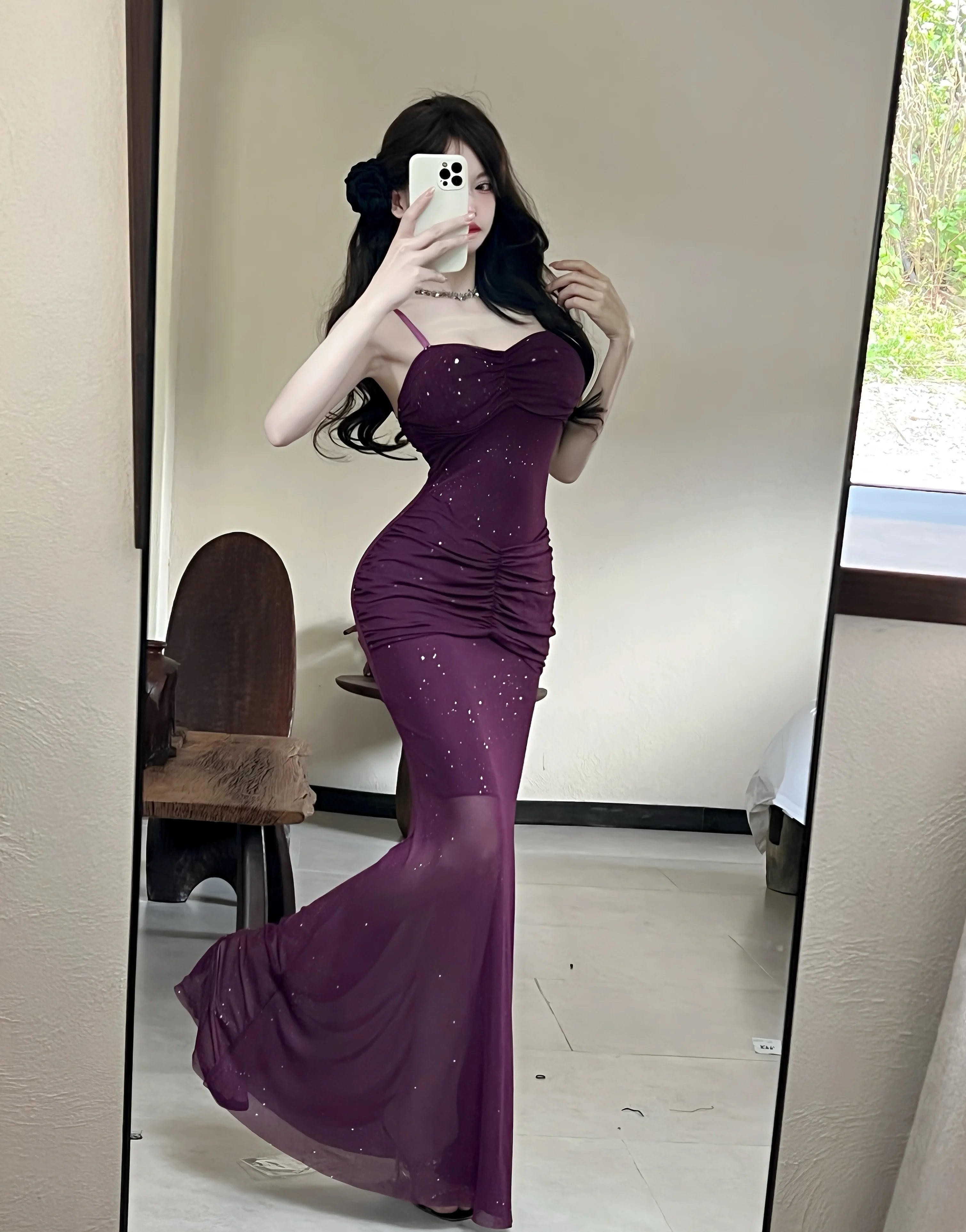 Aiertu  -   Sexy Shiny Mesh Suspender Evening Dresses Women 2025 Summer Temperament Slim Fit Waist Fishtail Party Long Dress Robe Aiertu