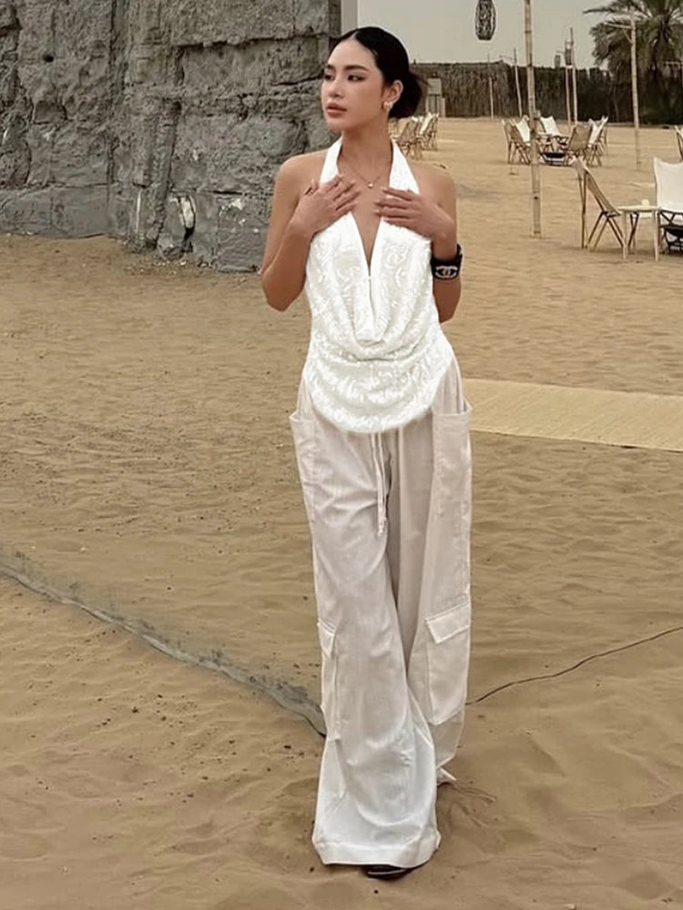 Aiertu  -  Vacation Temperament 2-Piece Set Women Swing Collar Arabesques Backless Tops+Smooth Skirts Beach Party Matching Suits Aiertu