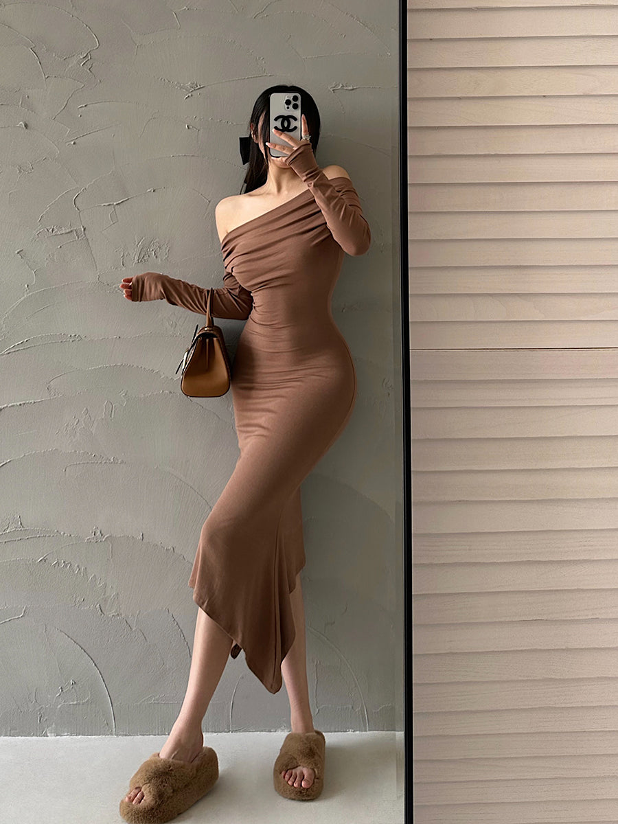 Aiertu Solid Color Slim Off The Shoulder Long Sleeve Dress Aiertu