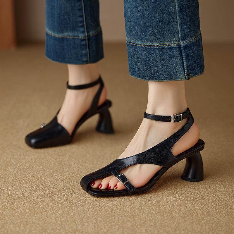 Aiertu  NEW Summer Women Sandals Split Leather Shoes for Women Square Toe Kitten Heel Shoe Narrow Band Bcukle Strap Shoes Modern Sandals Aiertu