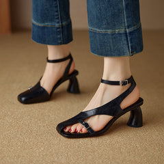 Aiertu  NEW Summer Women Sandals Split Leather Shoes for Women Square Toe Kitten Heel Shoe Narrow Band Bcukle Strap Shoes Modern Sandals Aiertu