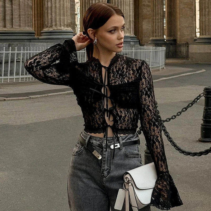 Aiertu  -  Sexy Lace Up Cardigan T-Shirt Female See Through Lace Flare Sleeve T-shirt Top Hot Girl Slim Fit Solid Splice Short Top Aiertu