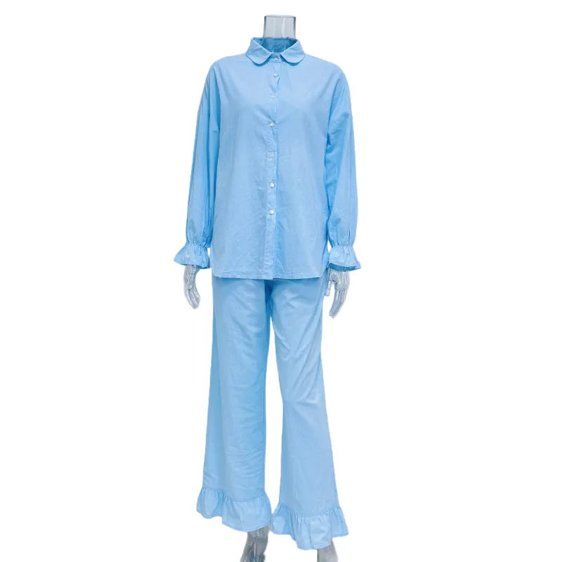 Aiertu  -  Blue Casual Ruffles 2 Piece Set Autumn New Single Breasted Ruffle Blouse Sleeve Blouse+Pants Sets Simple Fashion Women's Suits Aiertu
