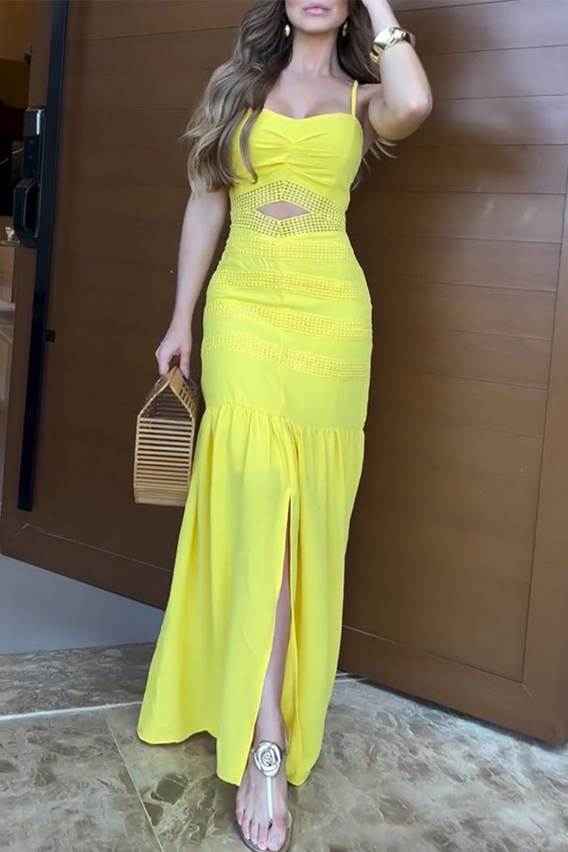 Aiertu  -Casual Solid Color Hollow Out Slit Flounce Long Dresses aiertu