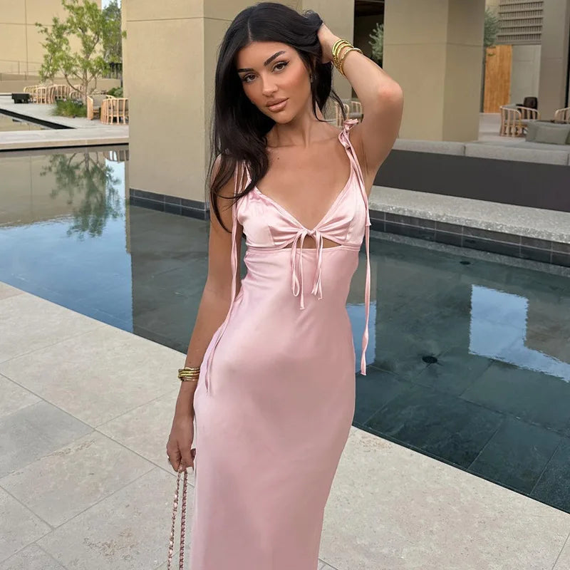 Aiertu  -  V-neck Cut Out Lace-Up Spaghetti Strap Dress For Women Summer Beach Long Dress Fashion Sexy Sleeveless Slim Gown Clothes Aiertu