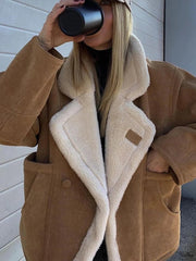 Aiertu  -  Vintage Patchwork Women Jacket Lapel Lamb Wool Pocket Lady Coat 2024 Fashion Full Sleeve Autumn Winter Warm Thicken Female Top Aiertu