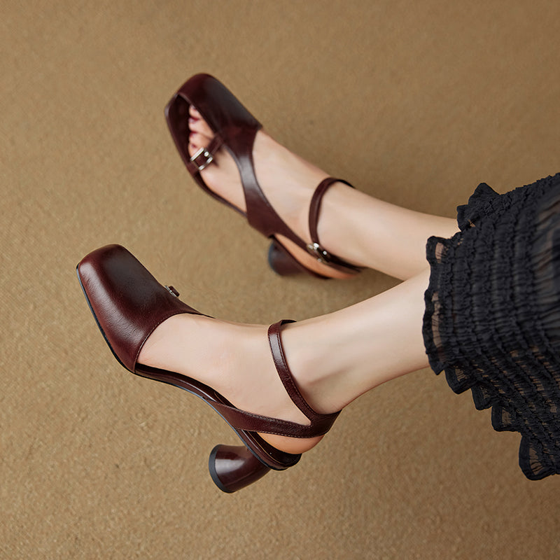 Aiertu  NEW Summer Women Sandals Split Leather Shoes for Women Square Toe Kitten Heel Shoe Narrow Band Bcukle Strap Shoes Modern Sandals Aiertu