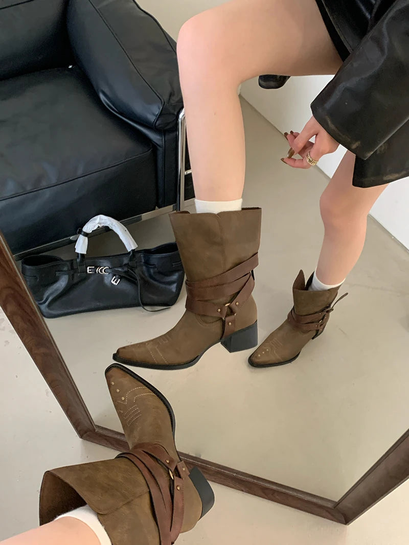 Aiertu    -  Black Chunky Heels Ankle Boots Woman Pointed Toe Rivet Fall Shoes Belt Buckle Western Style Cowboy Boots Zapatos Mujer Aiertu