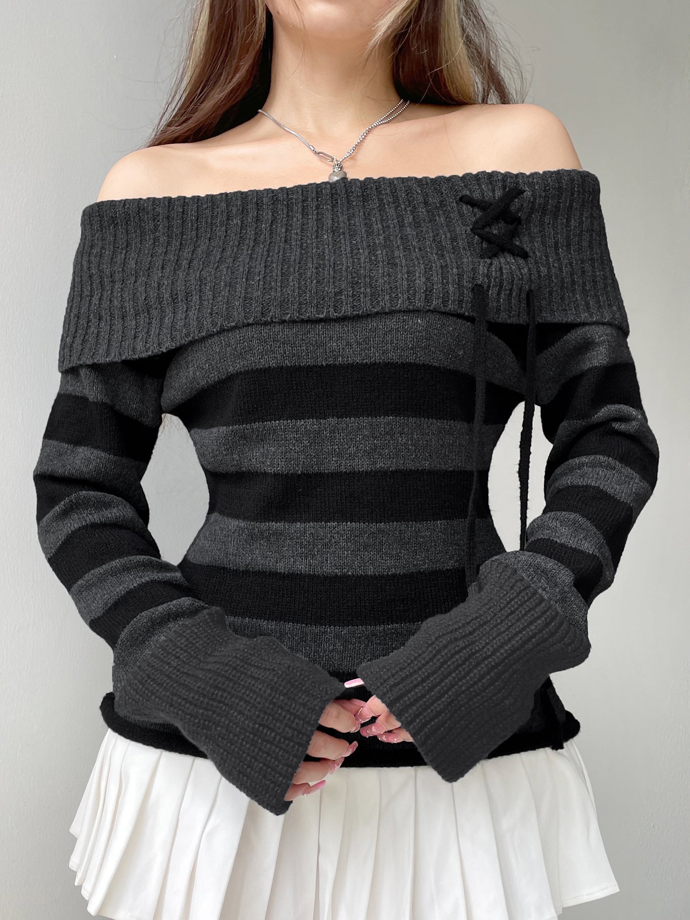 Aiertu - summer inspo Off Shoulder Slim Knitted Stripe Jumper Women Lace-Up Slash Neck Long Sleeve Sweater Tee Korean Fashion Street Knittwear Aiertu