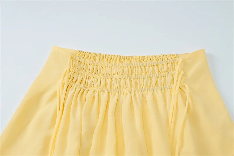 Aiertu  -  Slim Drawstring Pleated Long Skirt For Women Elastic Waist Solid Color High Waist Fashion Patchwork Female Long Skirt Aiertu