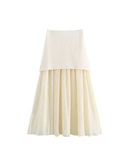 Aiertu  -  Women Summer Pleated Skirts Fashion Solid Splicing High Waist Mid-Calf Female Elegant Street MIDI Skirt Clothing Aiertu