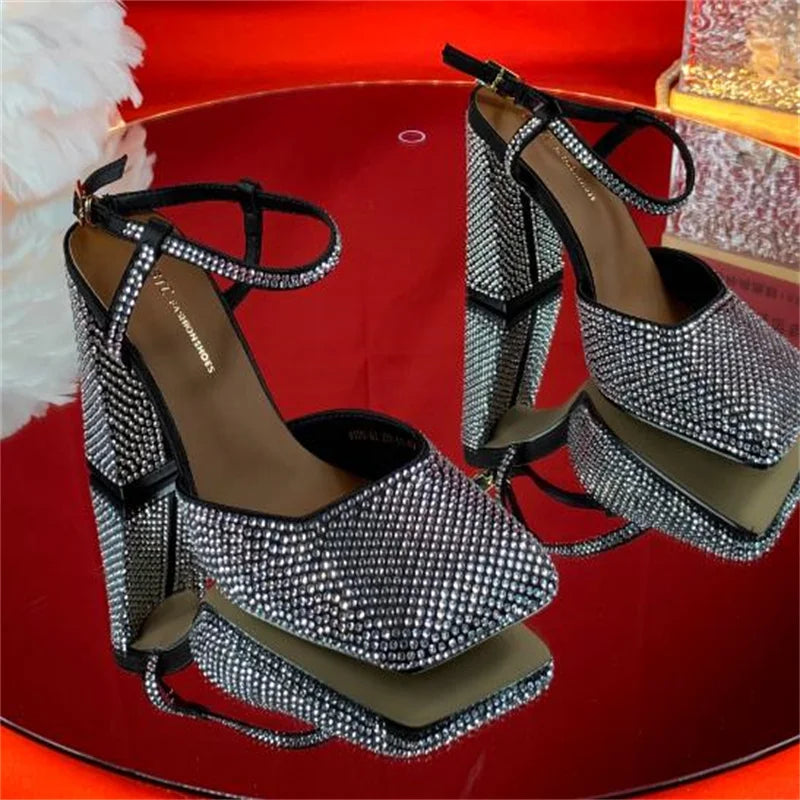 Aiertu  -  Rhinestone Shoes for Womens Square Toes Chunky High Heels Buckle Ladies Patent Leather Solid Tacones Ankle Strap Chassure Femme Aiertu