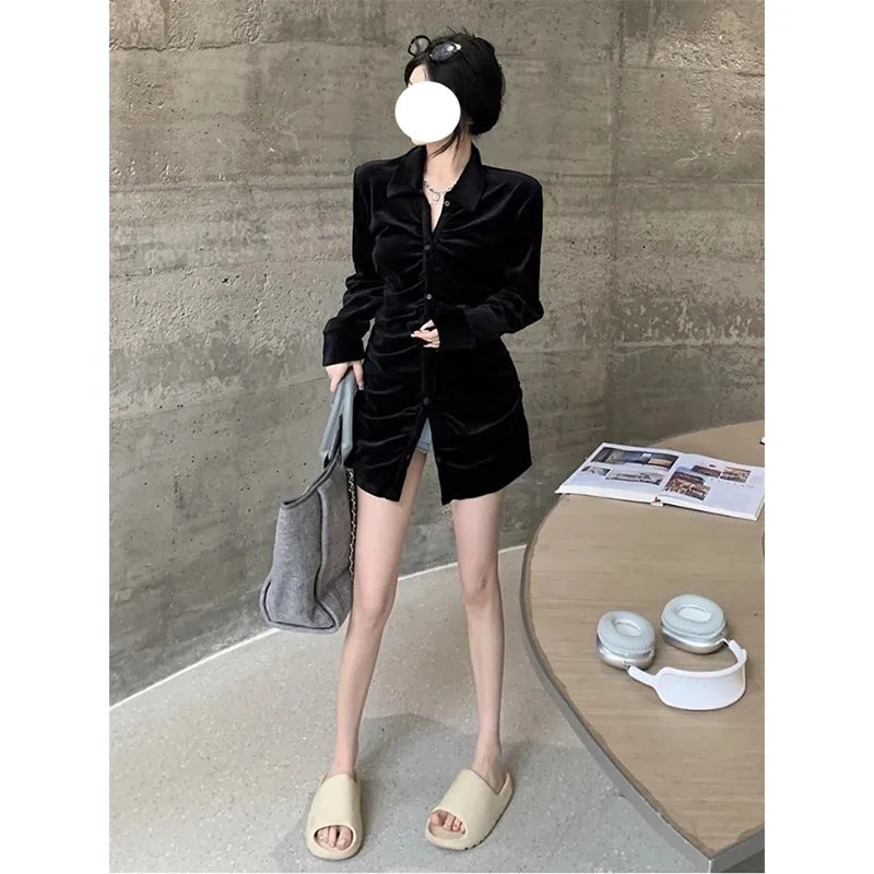 Aiertu Vintage Shirts Women Black Velvet Pleated Blouses Korean Elegant Folds Turn Down Collar Long Sleeve Slim Chic Casual Tops Aiertu