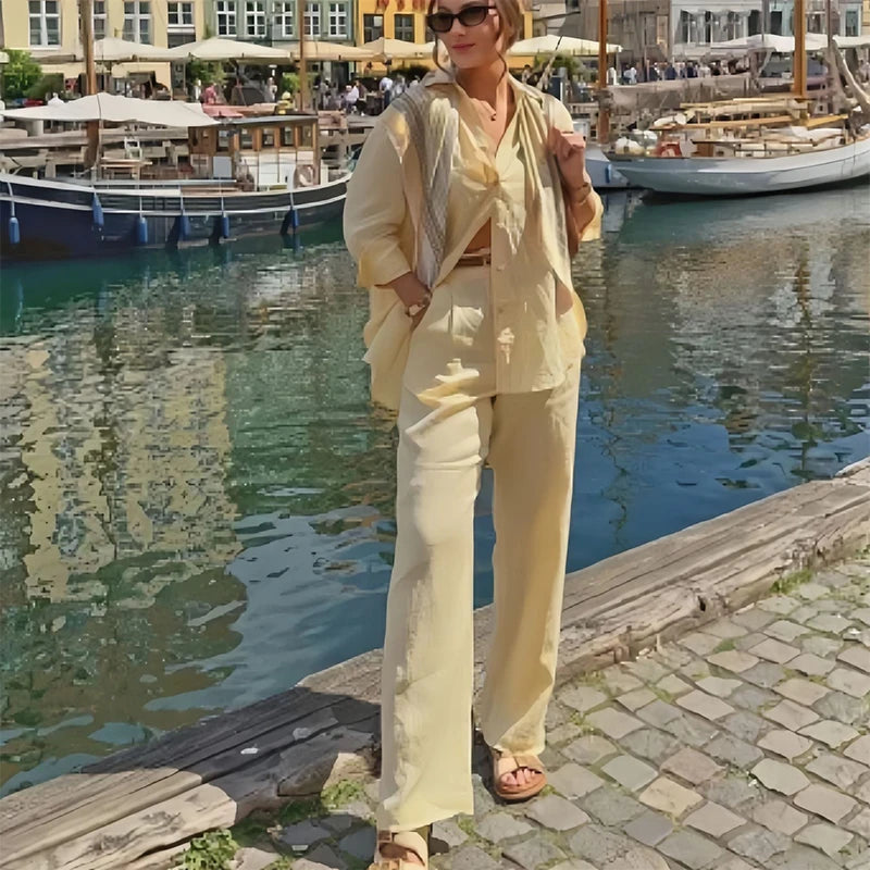 Aiertu  -  Fashion Commute Pants Set Women Lapel Full Sleeves Single Breasted Shirt High Waist Wide Leg Floor-length Pant Female Sets 2025 Aiertu