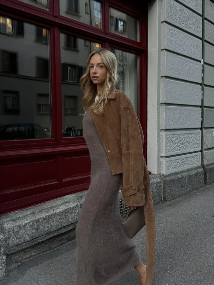 Aiertu     -  Fall Outfits 2026 Elegant Brown Short Suede Jacket With Belt Women Lapel Long Sleeve Cropped Coat Fashion Female Autumn Office Street Outerwears Aiertu