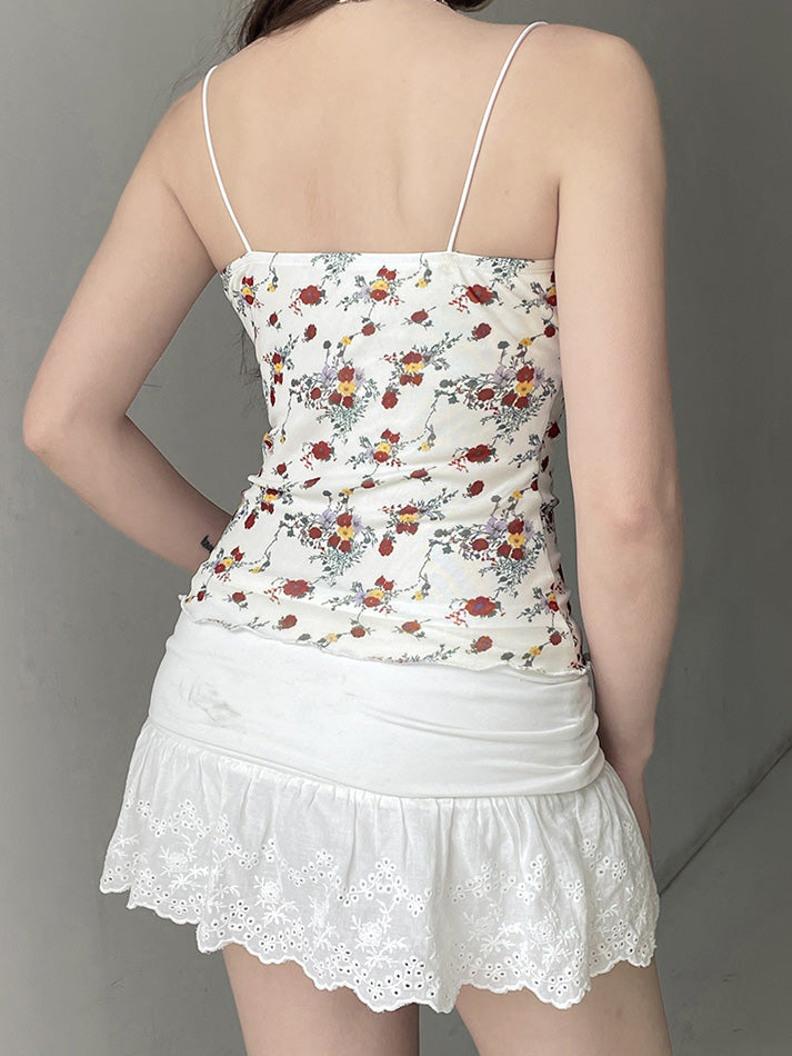 Aiertu  -Floral Ruched Mesh Cami Top aiertu
