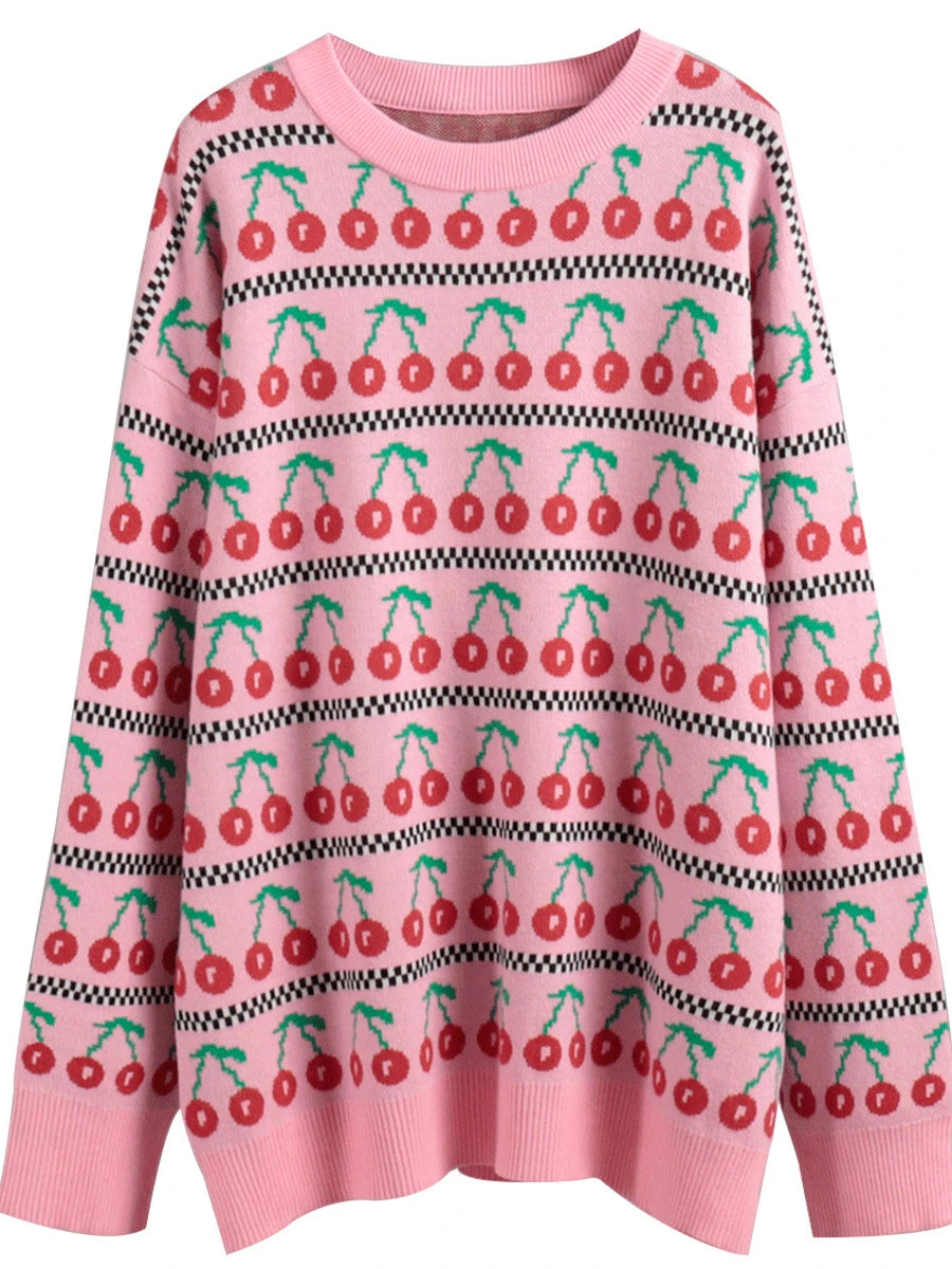 Aiertu  -  Women's Round Neck Cherry Printed Sweater Autumn Winter New Mid Length Fashion Top Retro Knitted Sweater Pullover Aiertu