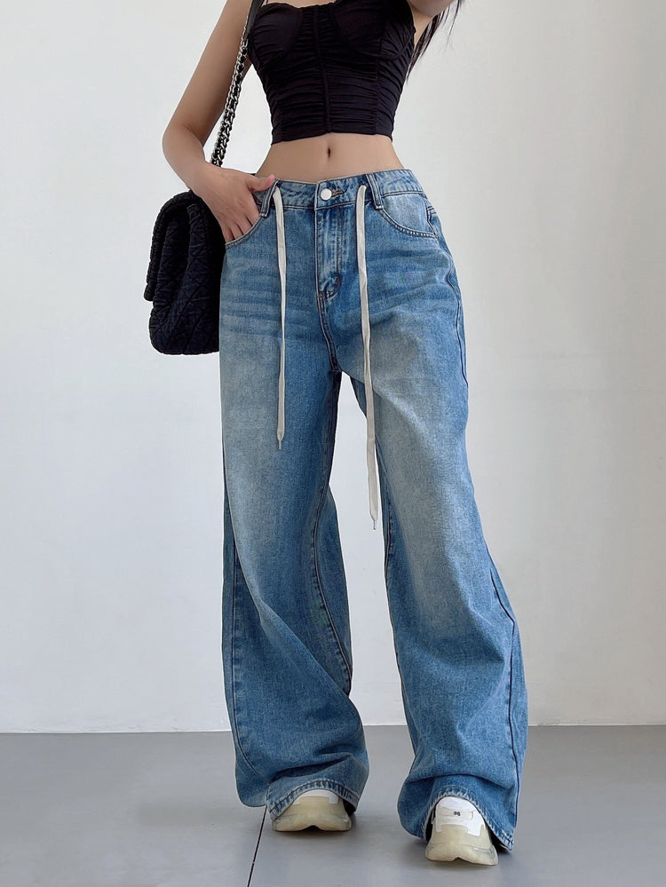 Aiertu Denim Blue Washed Low Rise Straight Leg Jeans Pants Aiertu