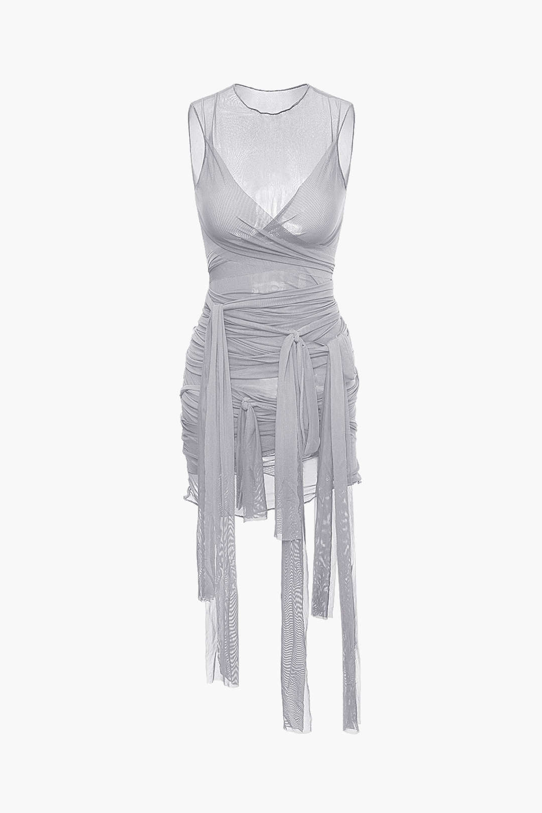 Aiertu  Sheer Mesh Wrap Tie Ribbon Mini Dress Aiertu