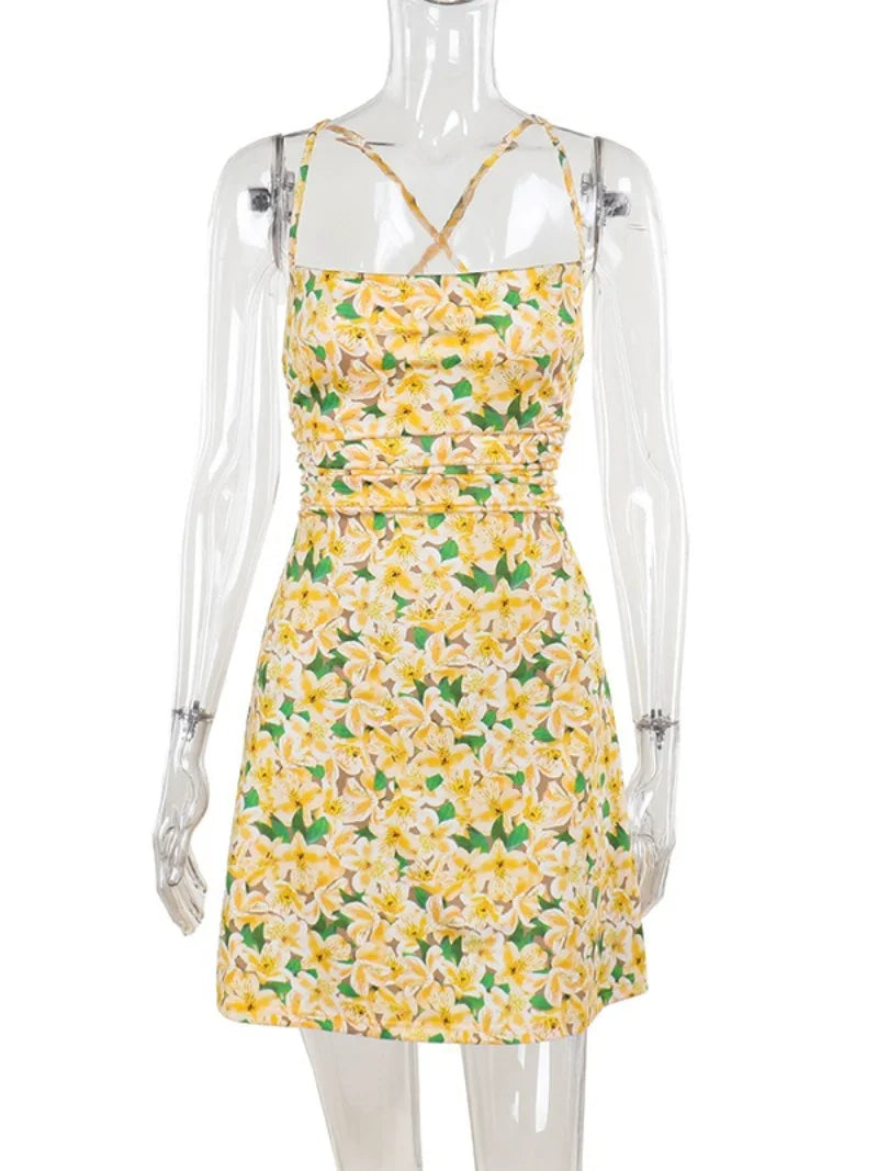 Aiertu  -  Chic Sexy Floral Print Lace-up Backless Summer Party Dresses for Women 2026 Slash Neck Sleeveless Tunics Vacation Beach Dress Aiertu