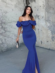 Aiertu  -  layered look inspo Off Shoulder Solid Women Dress Sleeveless Backless Split Lady Dresses Fashion Wave Cut Evening Party Female Maxi Vestidos Aiertu