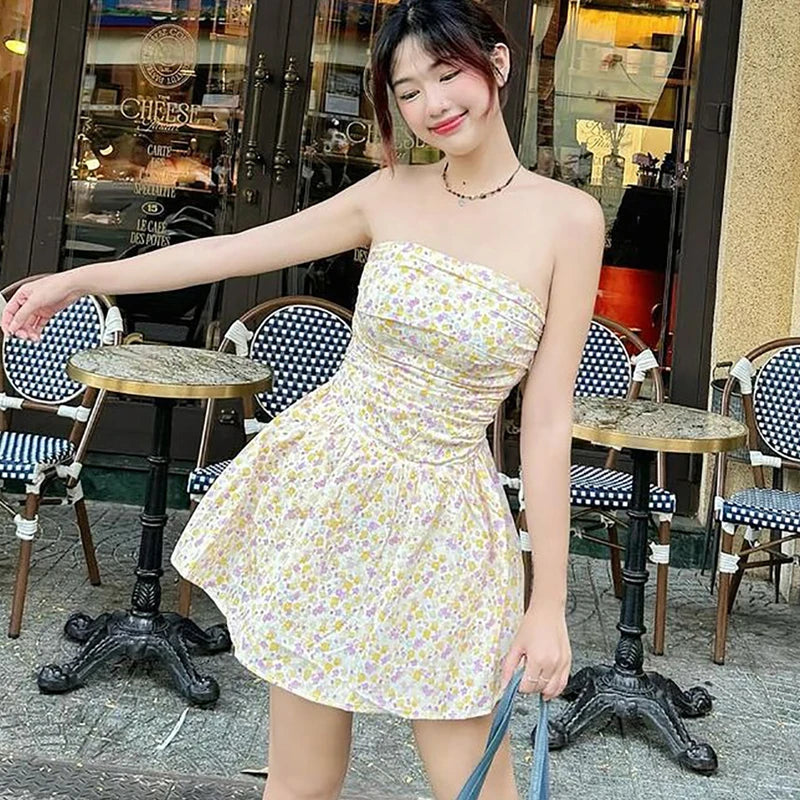 Aiertu  -  One-Shoulder Slim Strapless Print Dress For Women High Waisted Sleeveless Backless Fashion Sweet Summer New Ruched Dress Aiertu