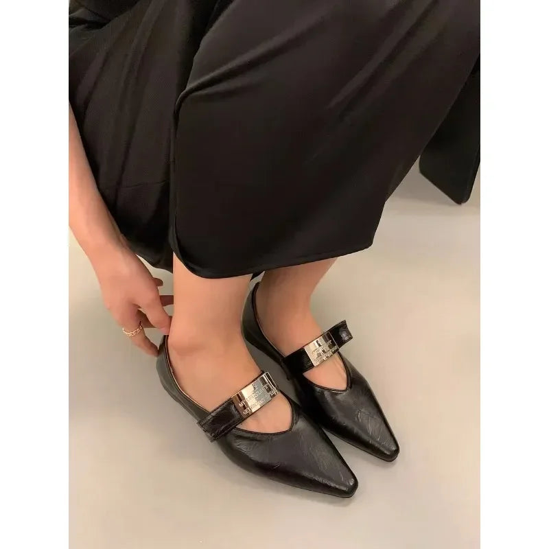 Aiertu  -   Women's Retro Pointed Toe Low-Heeled Casual Shoes 2025 Luxury Fashion Buckle Design Fine Plaid Leather Single Shoes Aiertu