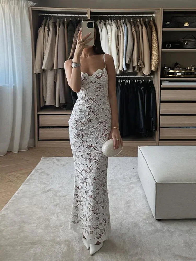 Aiertu  -  Elegant Lace Mesh Sheer White Slip Long Dresses Women Sexy Sleeveless Floral Bodycon Hollow Out Robe Lady Club Party Vestidos Aiertu