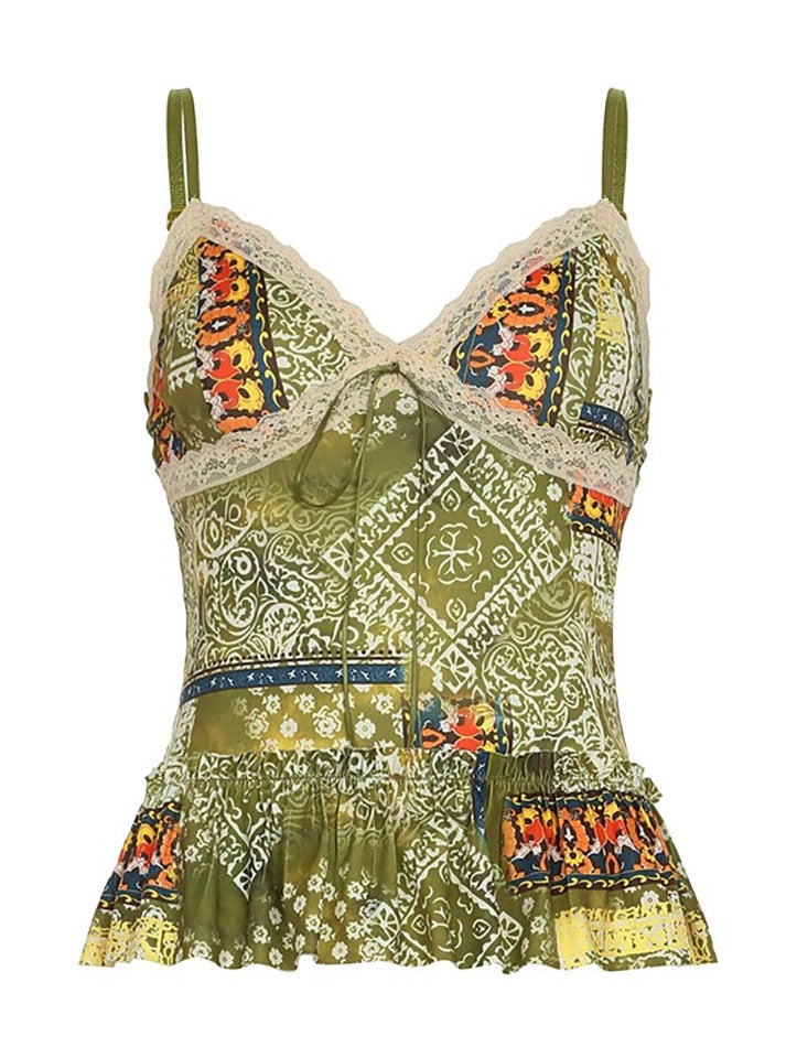 Aiertu  -Vintage Printed Lace Bow Tie Cami Top aiertu