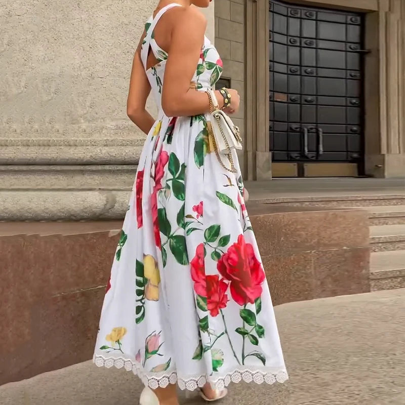Aiertu  -  Maxi Dress Women's Summer Elegant Floral Print Halter Sleeveless Nipped Waist Pleated Party Holiday Dresses Streetwear Aiertu