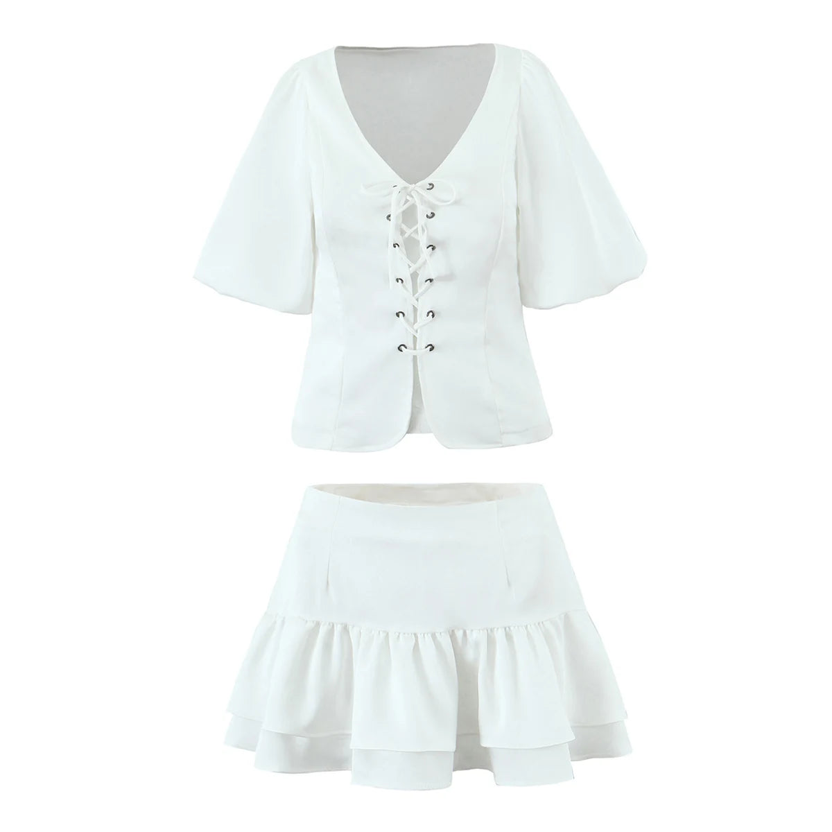 Aiertu  -  Summer eyelets Cross Lacing Up Bow Front Short Lantern Sleeve Shirt + Low Waist Package Hips Ruffles Hem Mini Skirt Sets Aiertu
